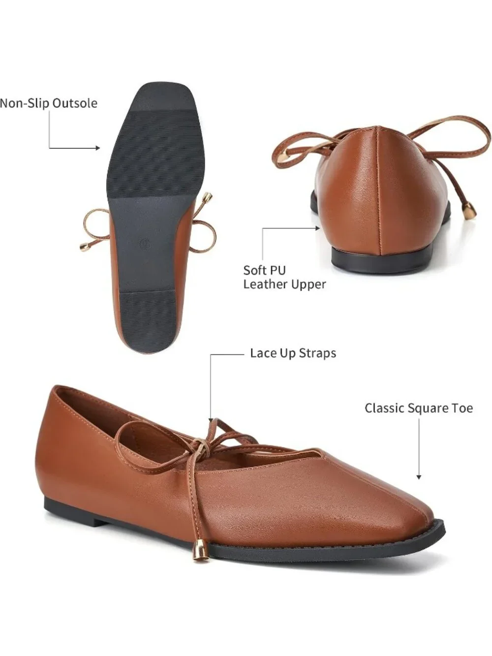 Women's Brown Mary Jane Ballet Flats Square Toe Bow Comfort Dress Shoes